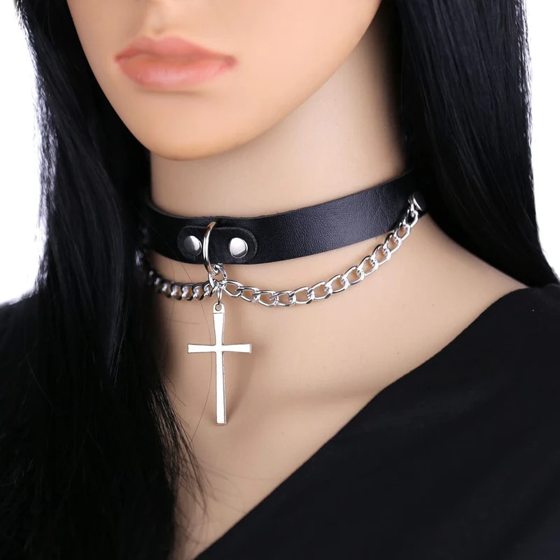 Damen Punk Cross Buckle Choker mit Kette