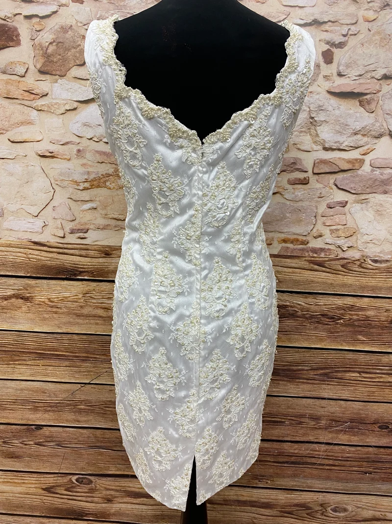 Vintage Standesamtkleid ivory Spitze Perlen White Fashion Gr. 38