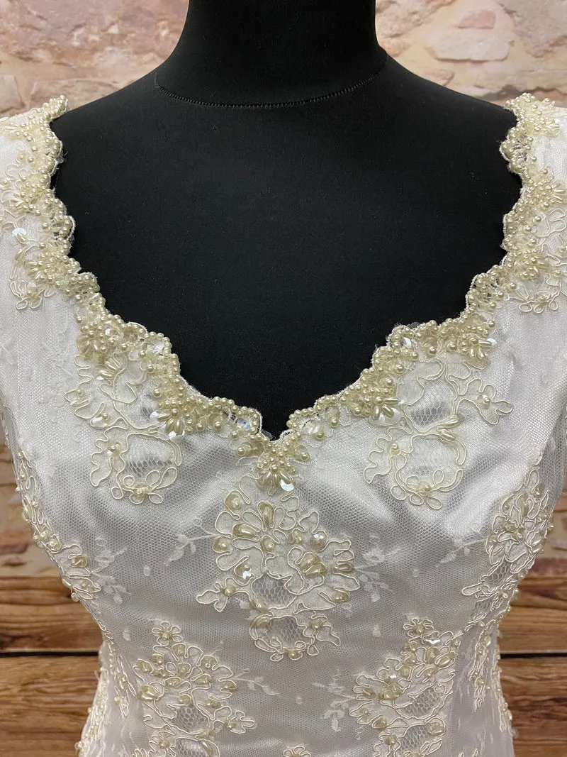 Vintage Standesamtkleid ivory Spitze Perlen White Fashion Gr. 38