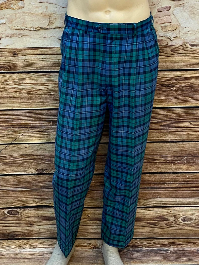 90er Vintage Bundfaltenhose Herren Kariert Grün Blau Gr. 50