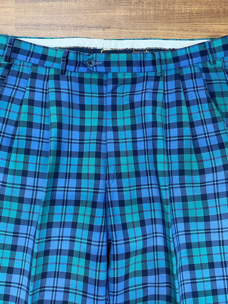 90er Vintage Bundfaltenhose Herren Kariert Grün Blau Gr. 50