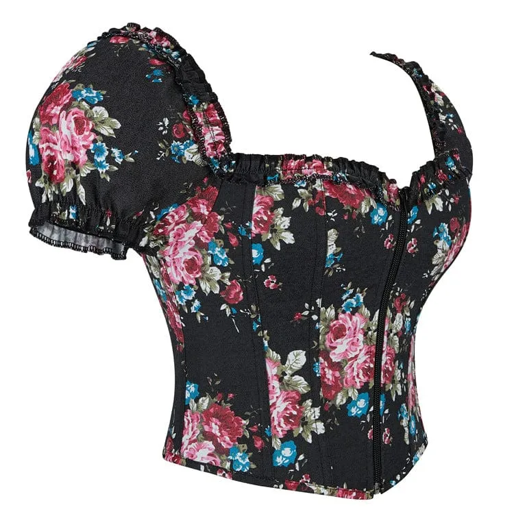 Gothic-Überbrustkorsett mit Puffärmeln und Blumenmuster für Damen