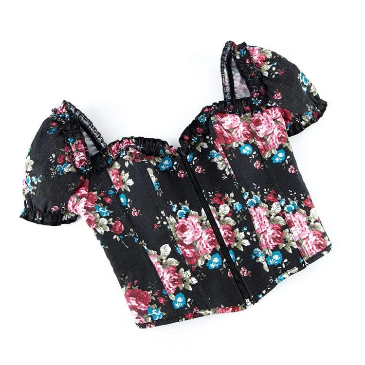 Gothic-Überbrustkorsett mit Puffärmeln und Blumenmuster für Damen