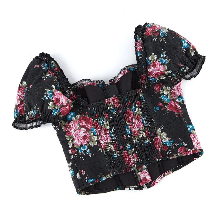 Gothic-Überbrustkorsett mit Puffärmeln und Blumenmuster für Damen