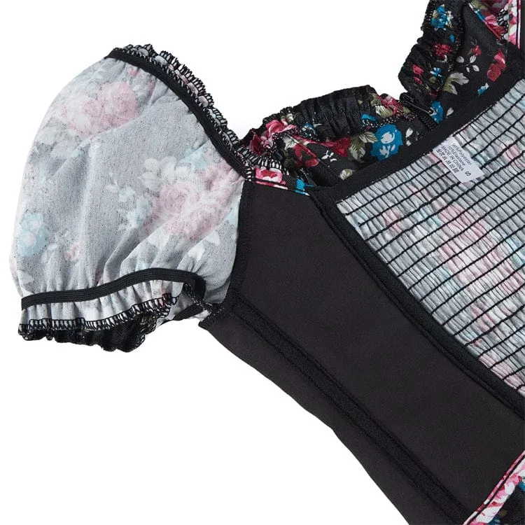 Gothic-Überbrustkorsett mit Puffärmeln und Blumenmuster für Damen