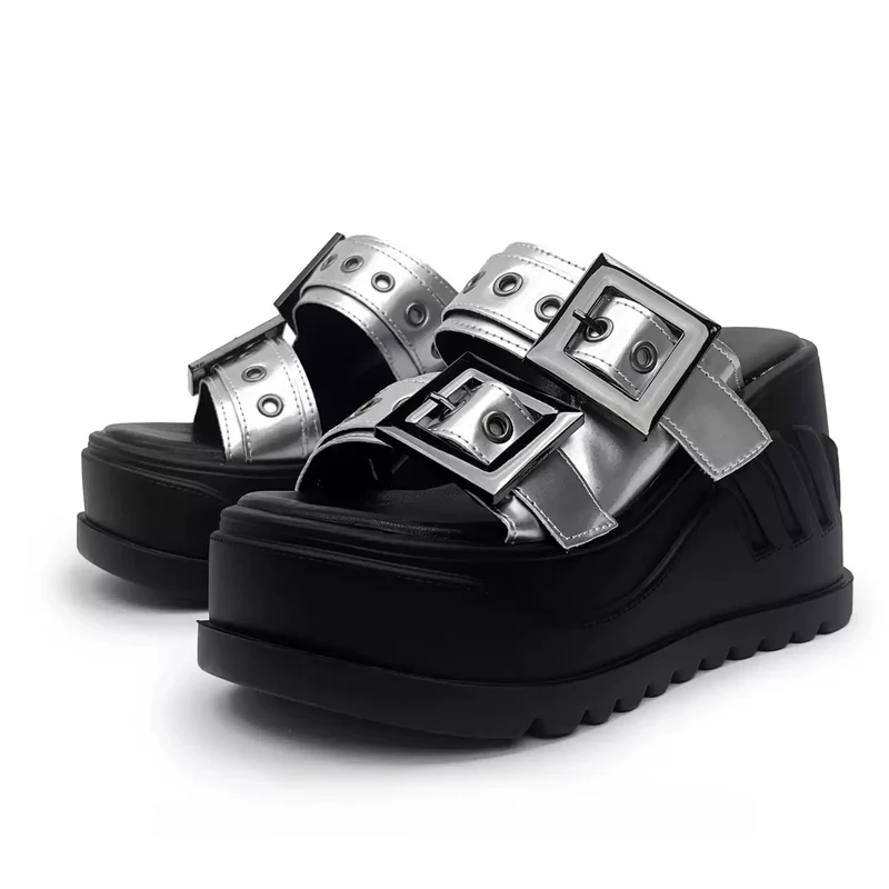 Grunge-Sandalen für Damen, zweifarbig, mit Schnallenriemen und Keilabsatz