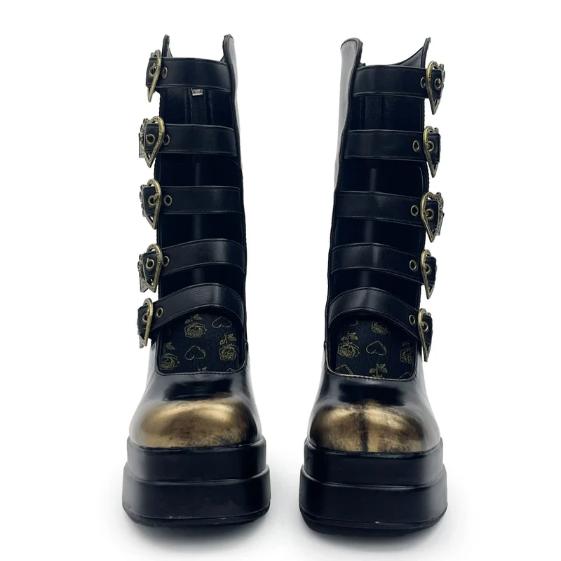 Gothic-Stiefeletten für Damen mit herzförmigen Schnallen, mehreren Riemen, Cut-outs und Blockabsatz