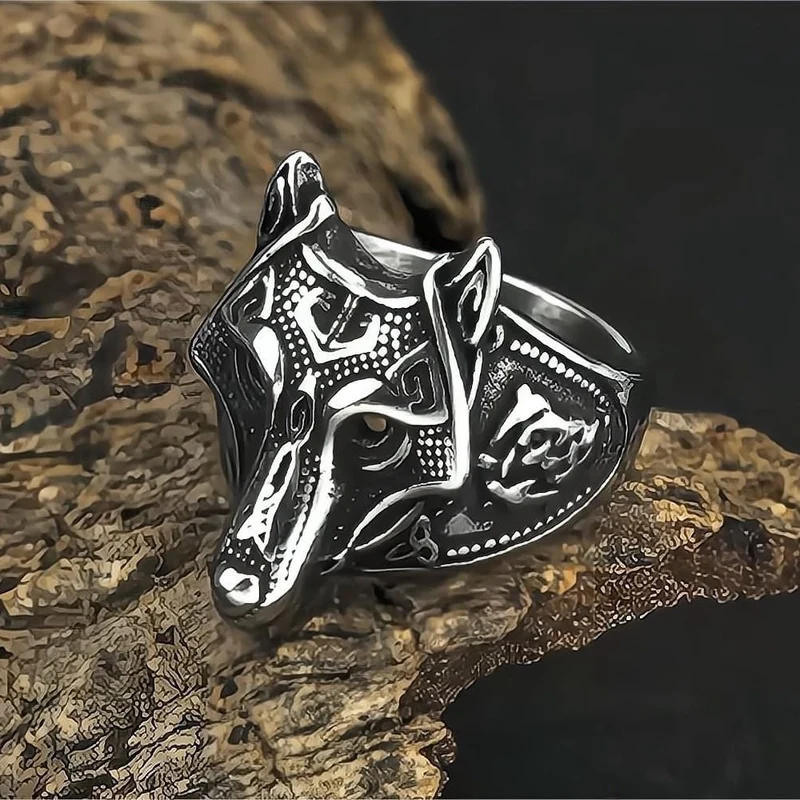 Punk-Ring mit 3D-Wolfskopf für Herren