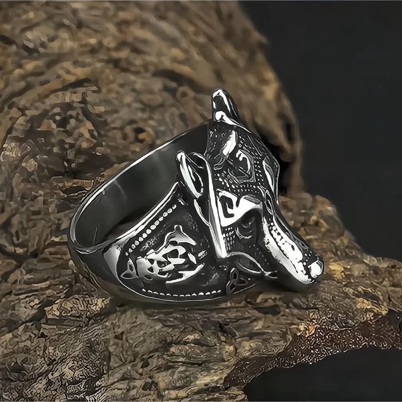 Punk-Ring mit 3D-Wolfskopf für Herren