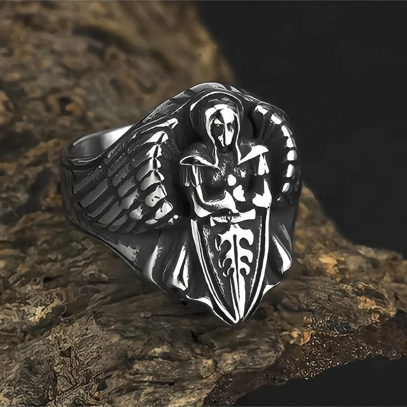 Punk-Ring für Herren mit 3D-geformtem Engelsschwert und Schild