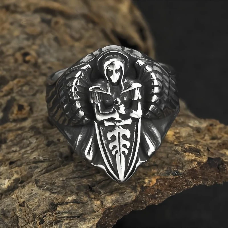 Punk-Ring für Herren mit 3D-geformtem Engelsschwert und Schild