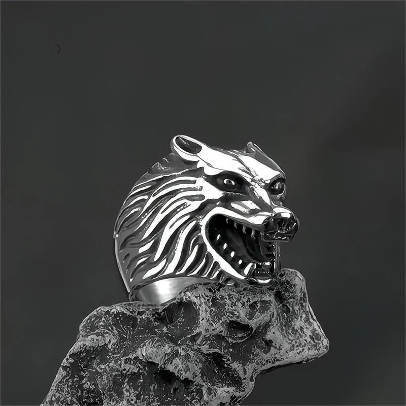 Punk-Ring für Herren mit 3D-Wolfskopfmotiv