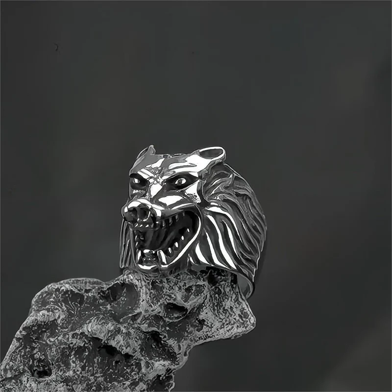 Punk-Ring für Herren mit 3D-Wolfskopfmotiv