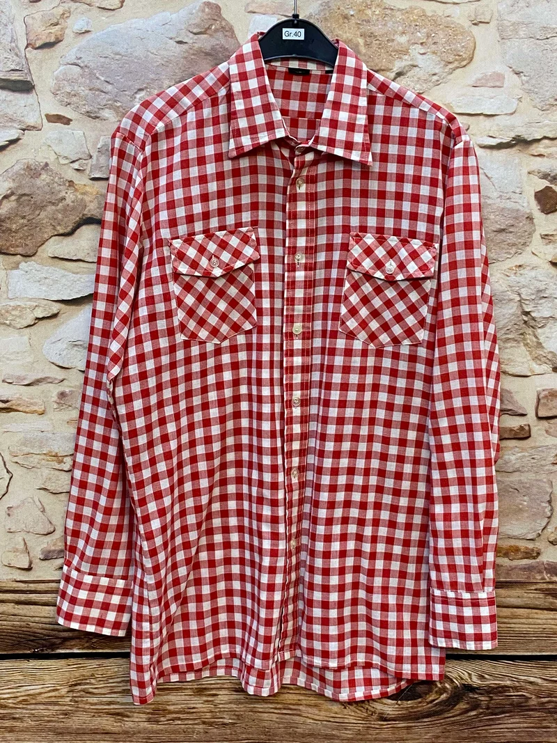 Vintage Trachtenhemd Herren rot weiß kariert Gr. 40 | Langarm