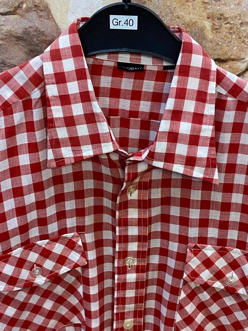 Vintage Trachtenhemd Herren rot weiß kariert Gr. 40 | Langarm