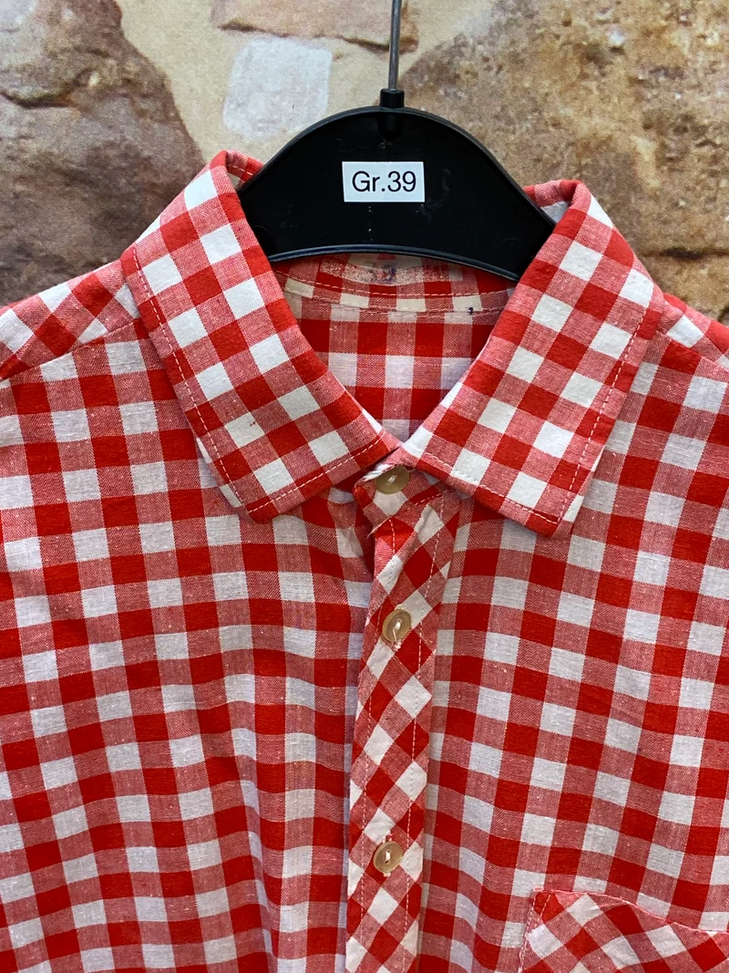Vintage Trachtenhemd Herren rot-weiß kariert Gr. 39 | Langarm Landhaushemd