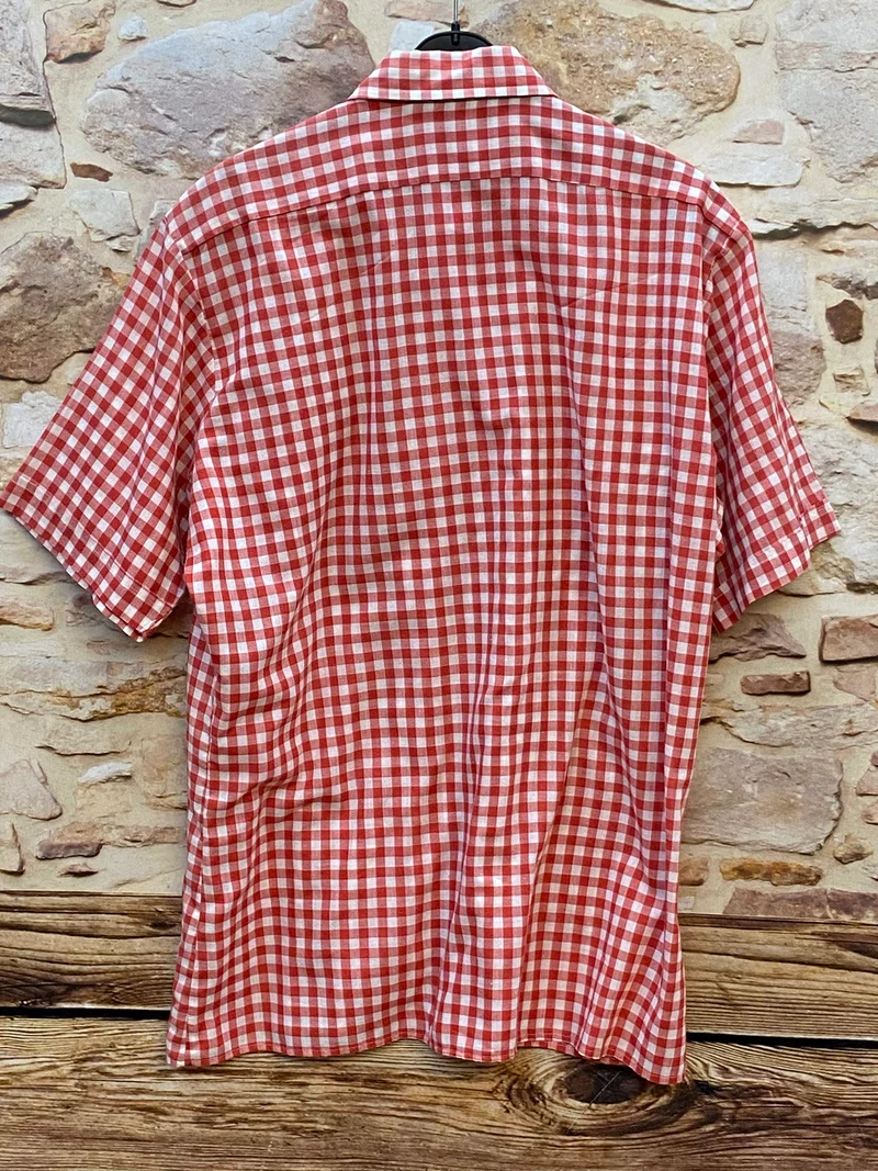 Vintage Trachtenhemd Herren rot-weiß kariert Gr. 39 | Kurzarm Landhaushemd