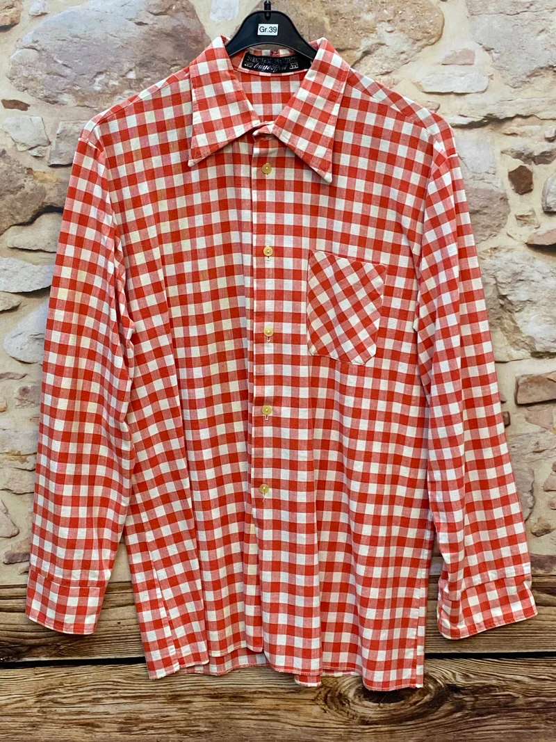 Vintage Trachtenhemd Herren rot-weiß kariert Gr. 39 | Langarm Landhausstil