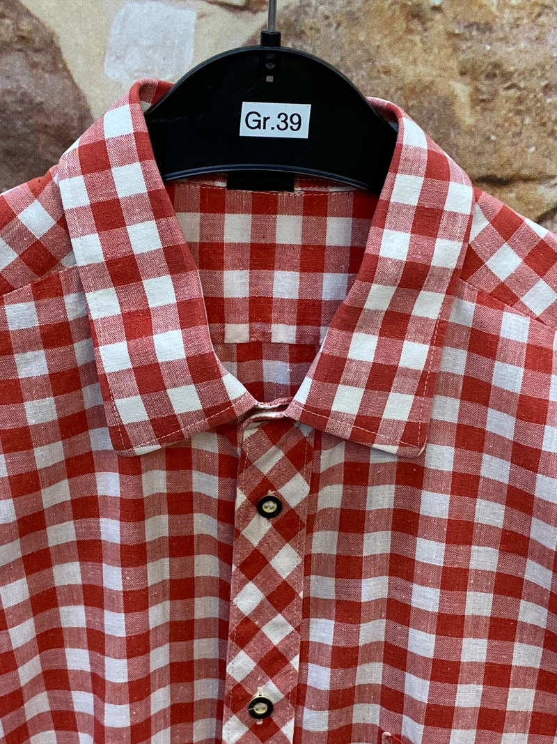 Vintage Herren Trachtenhemd rot weiß kariert Gr. 39 | Baumwolle Langarm