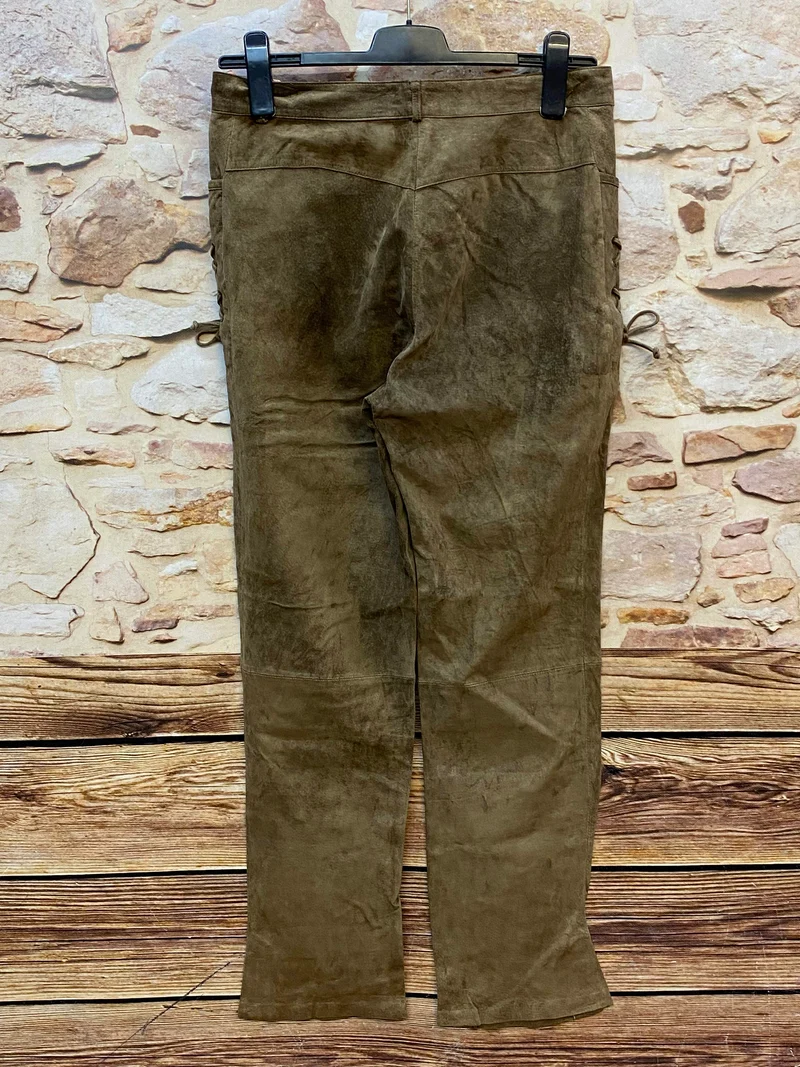 Vintage Damen Trachtenlederhose lang Olivbraun Gr. 42