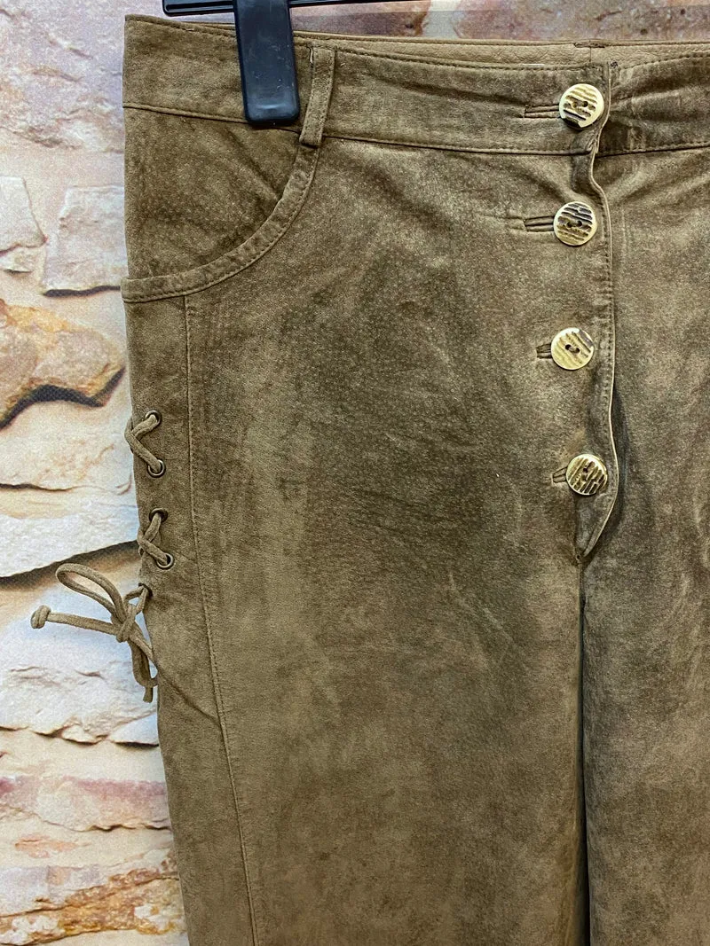 Vintage Damen Trachtenlederhose lang Olivbraun Gr. 42