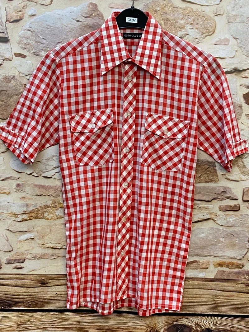 Vintage Trachtenhemd Herren Rot Weiß Kariert Kurzarm – Größe 37