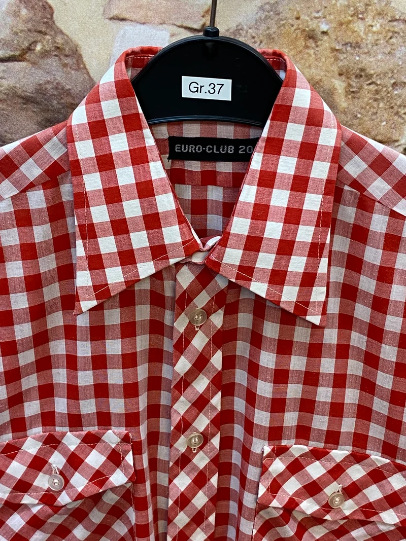 Vintage Trachtenhemd Herren Rot Weiß Kariert Kurzarm – Größe 37