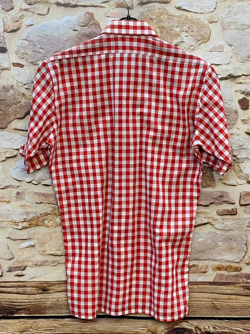 Vintage Trachtenhemd Herren Rot Weiß Kariert Kurzarm – Größe 37
