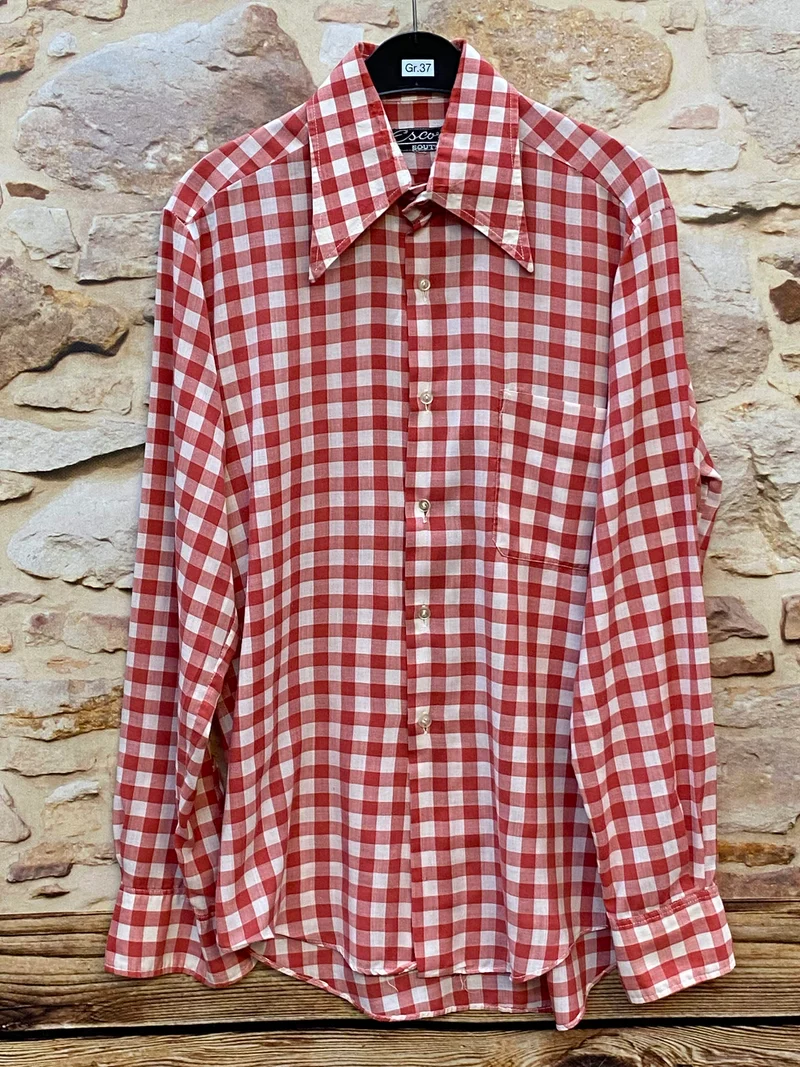 Vintage Trachtenhemd Herren Rot Weiß Großkariert – Größe 37