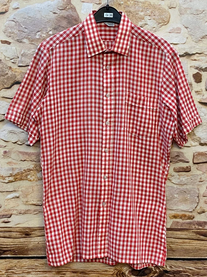 Trachtenhemd Herren Rot-Weiß Kariert Gr. 36 – Kurzarm im Landhausstil