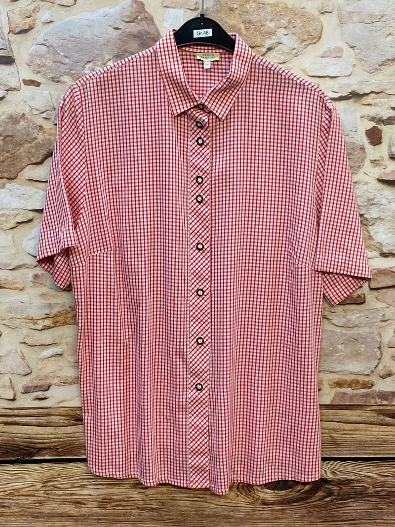 Vintage Trachtenhemd Herren Rot-Weiß Kariert Kurzarm Gr. 46 – Trend Fashion Made in Germany