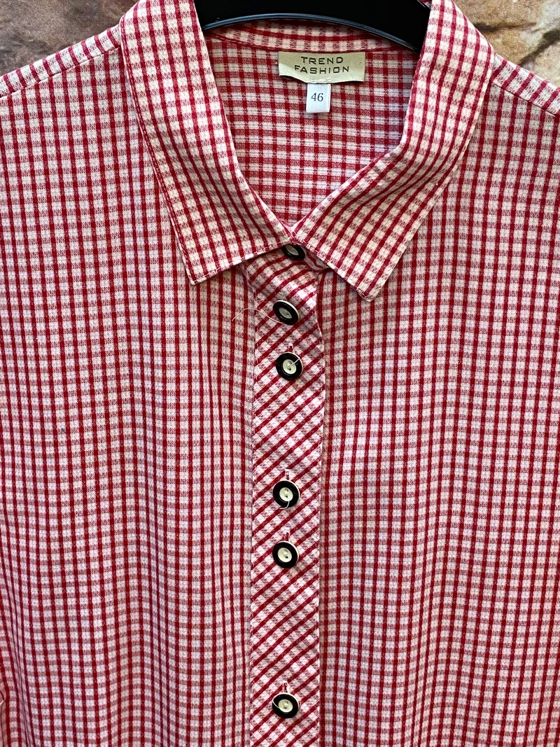Vintage Trachtenhemd Herren Rot-Weiß Kariert Kurzarm Gr. 46 – Trend Fashion Made in Germany