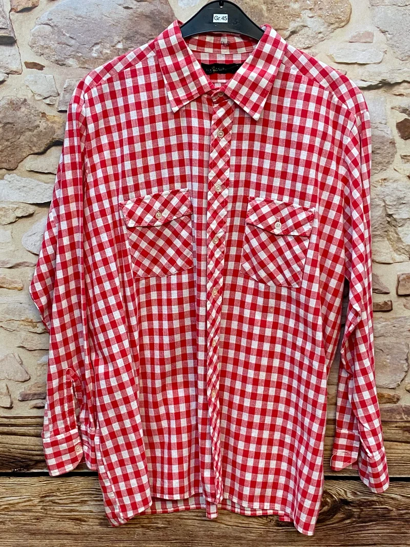 Vintage Trachtenhemd Herren Rot-Weiß Kariert Gr. 45 – mit zwei Brusttaschen
