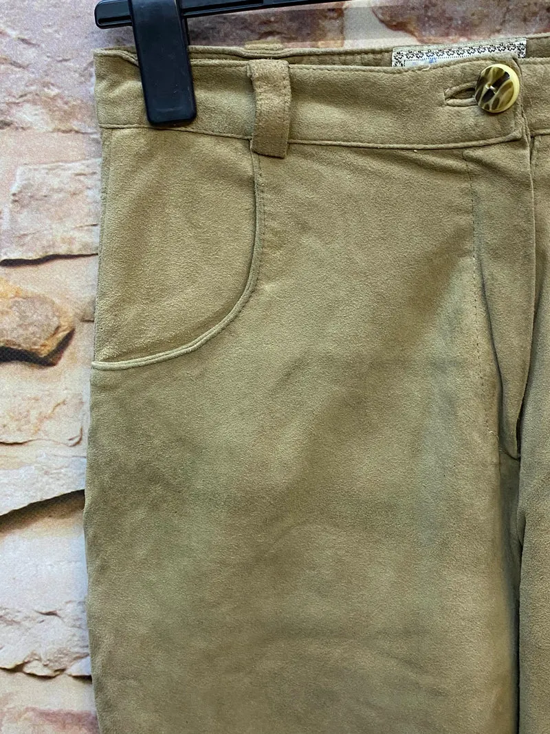 Vintage Damen Trachtenlederhose lang Olivbraun Gr. 42