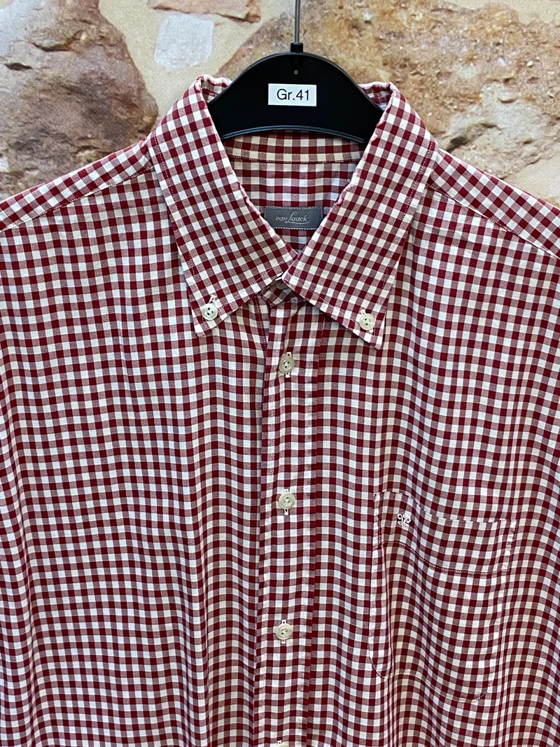 Van Laack Herrenhemd Rot-Weiß Kariert Gr. 41 – Kurzarm Trachtenhemd mit Button-Down-Kragen