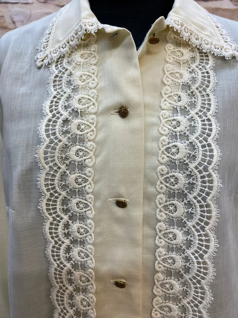 Vintage Bluse Damen Gr. 42 Creme mit Spitze – 1970er Jahre