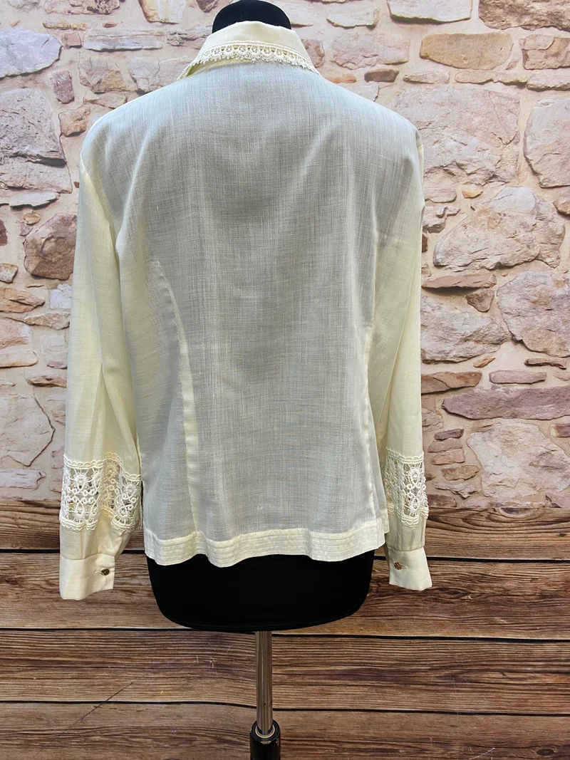 Vintage Bluse Damen Gr. 42 Creme mit Spitze – 1970er Jahre
