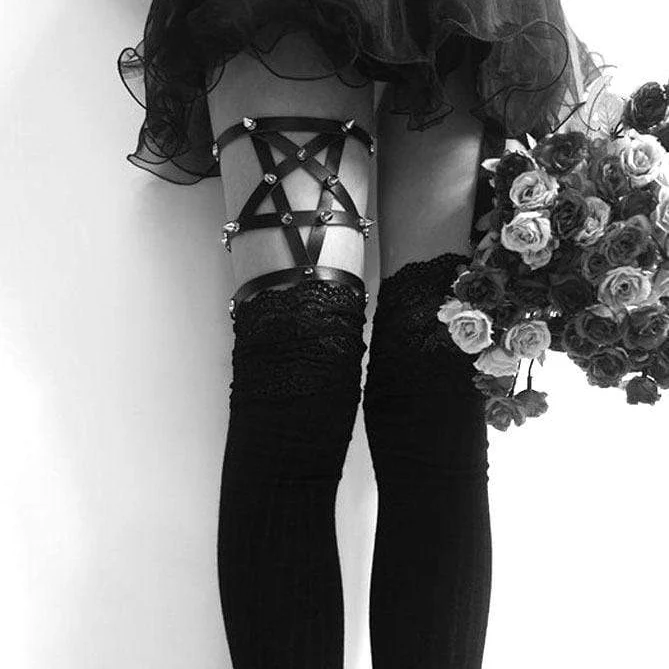 Damen Pentagramm PU Leder Bein Ring Strumpfband