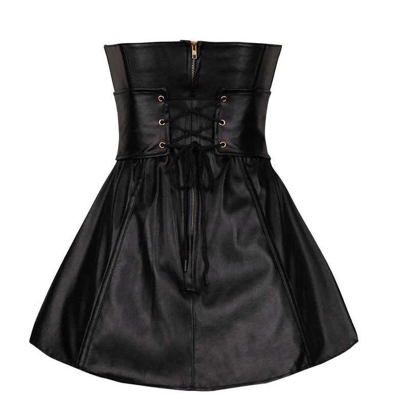 Damen Zweireiher Kunstleder Bustier Korsett Top mit Rock
