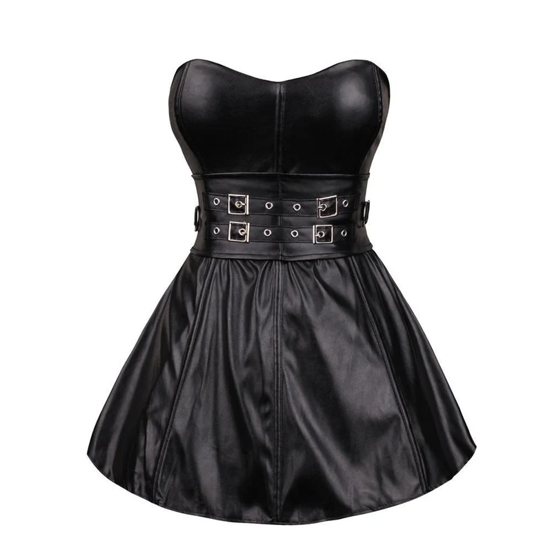 Damen Zweireiher Kunstleder Bustier Korsett Top mit Rock