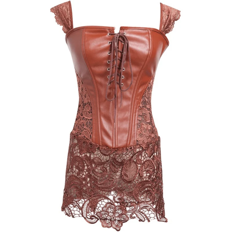 Plus Size Punk Lace Up Kunstleder schiere floraler Spitze Vollbrust Korsetts