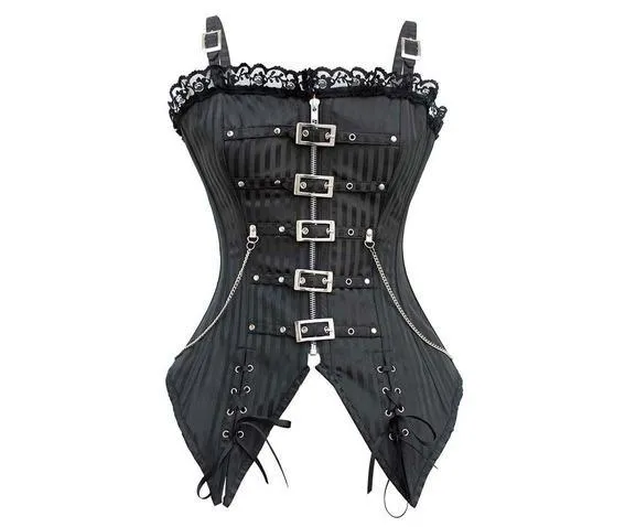 Gothic Striped Lace Buckles Vollbrustkorsett mit String