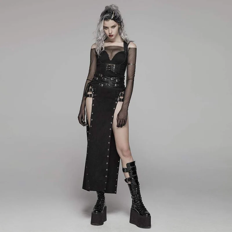 Frauen Steampunk Buckle Up Side Slit Maxirock