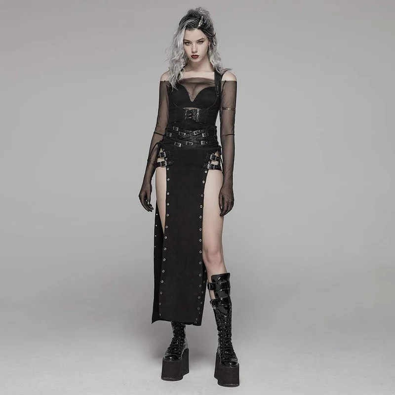 Frauen Steampunk Buckle Up Side Slit Maxirock