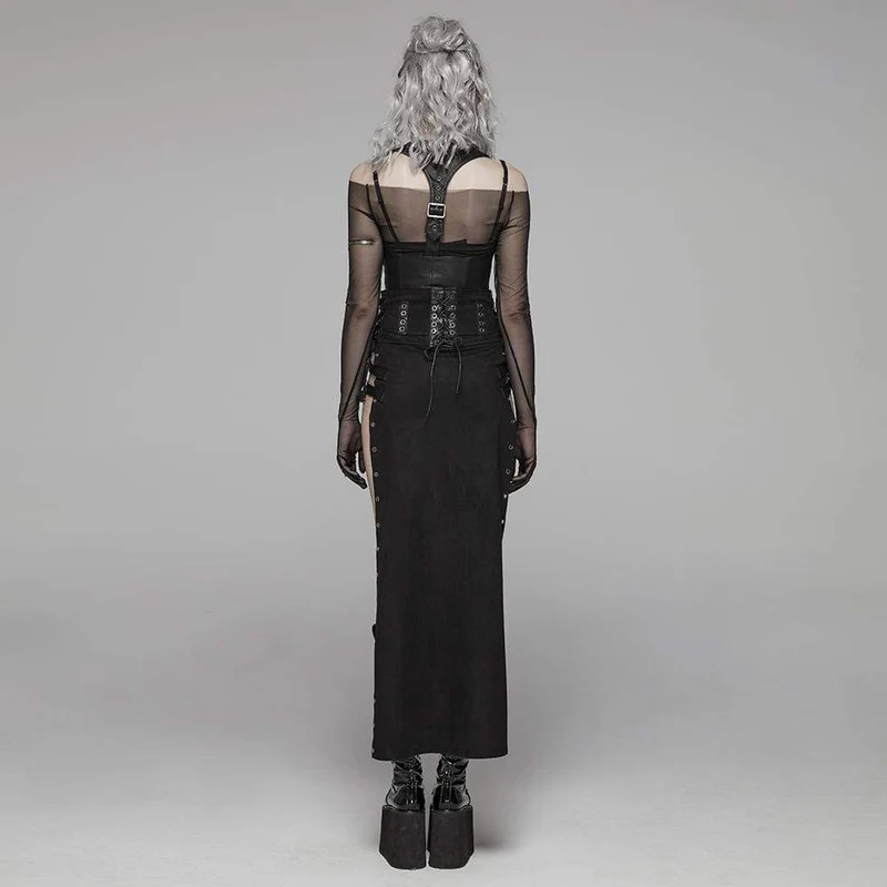 Frauen Steampunk Buckle Up Side Slit Maxirock