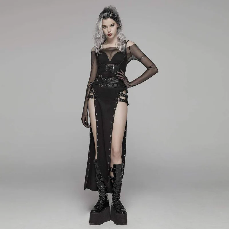 Frauen Steampunk Buckle Up Side Slit Maxirock