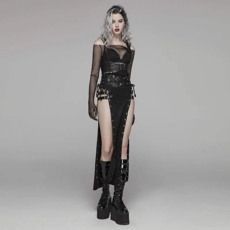 Frauen Steampunk Buckle Up Side Slit Maxirock