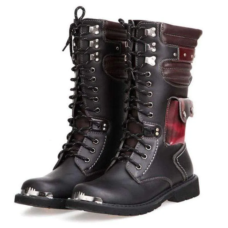 Herren Punk Pocket Schnürstiefel Kunstleder Army Boots Reitstiefel Moto Boots