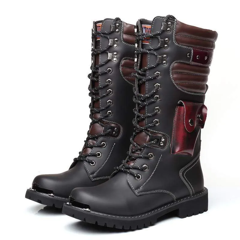 Herren Punk Pocket Schnürstiefel Kunstleder Army Boots Reitstiefel Moto Boots