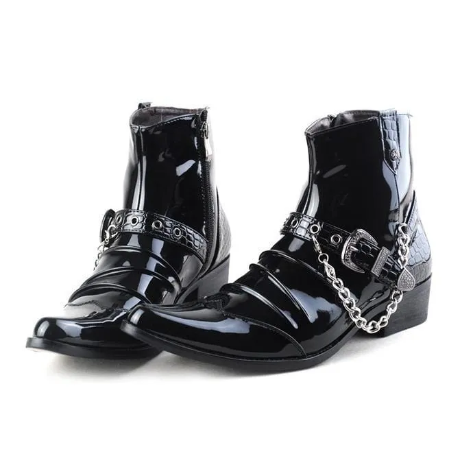 Herren Schnalle Kette Kunstleder Seitlicher Reißverschluss Schuhe Spitzstiefel